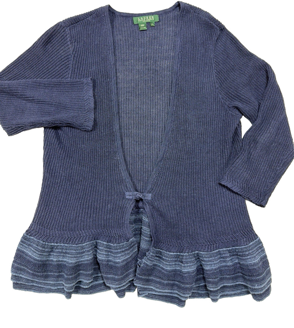 Lauren Ralph Lauren 100% Linen Knit Ruffle Cardigan Blue Coastal SZ Petite LG